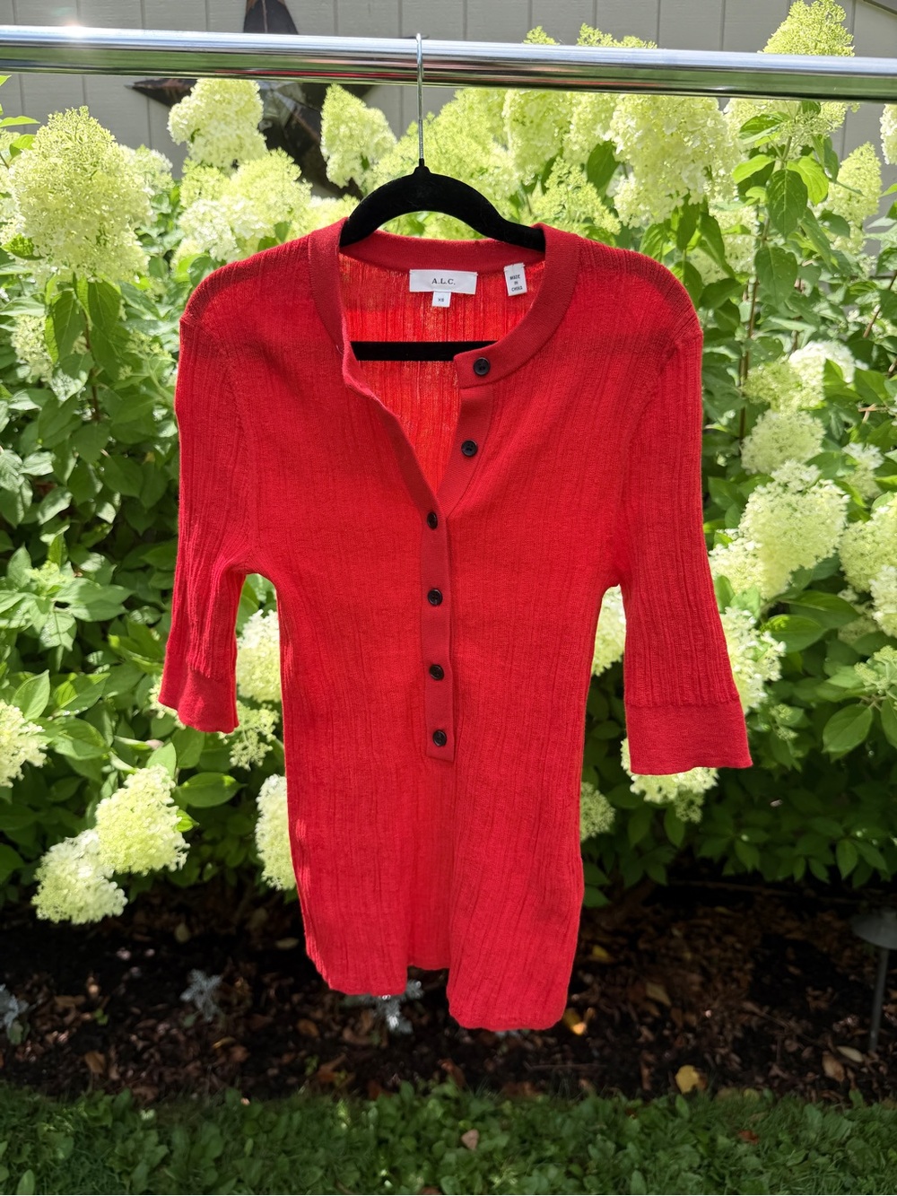 A.L.C. Vibrant Red Ribbed Button-Up Henley
